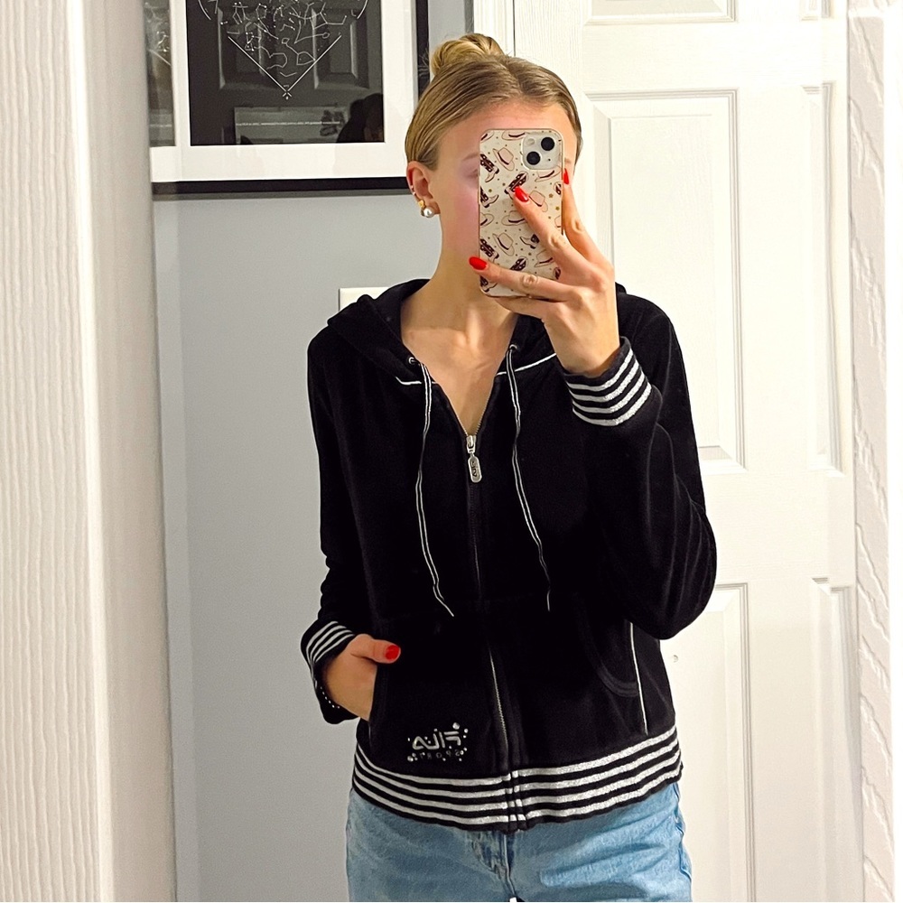 FILA Y2K Black & Silver Velour Zip Up Sweatshirt